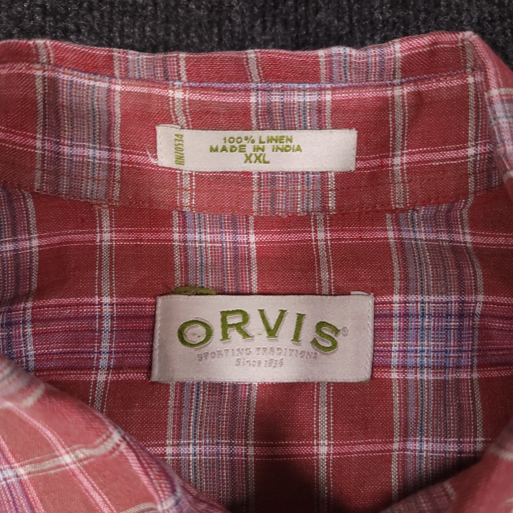 Orvis Red Plaid Linen Button Front Shirt XXL Long Sleeve Casual‎ Made in India - Picture 3 of 9